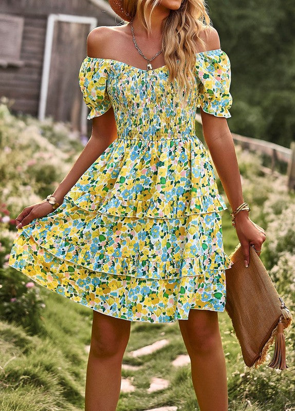 Women's Boho Floral Square Neck Short Sleeve Dress - Summer Fashion