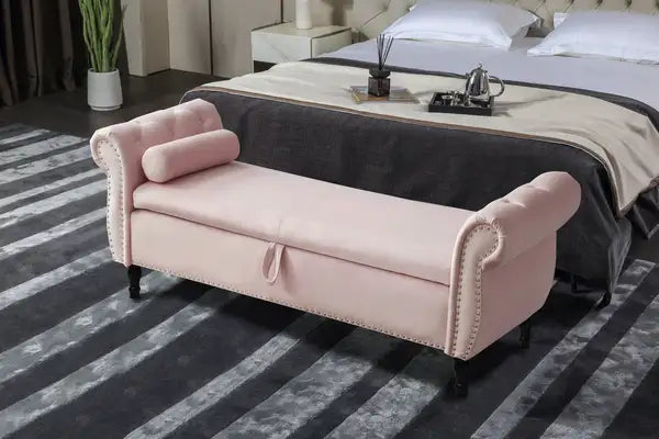 Aijia 63" Velvet Storage Ottoman - Tufted, Nailhead Trim, Pink