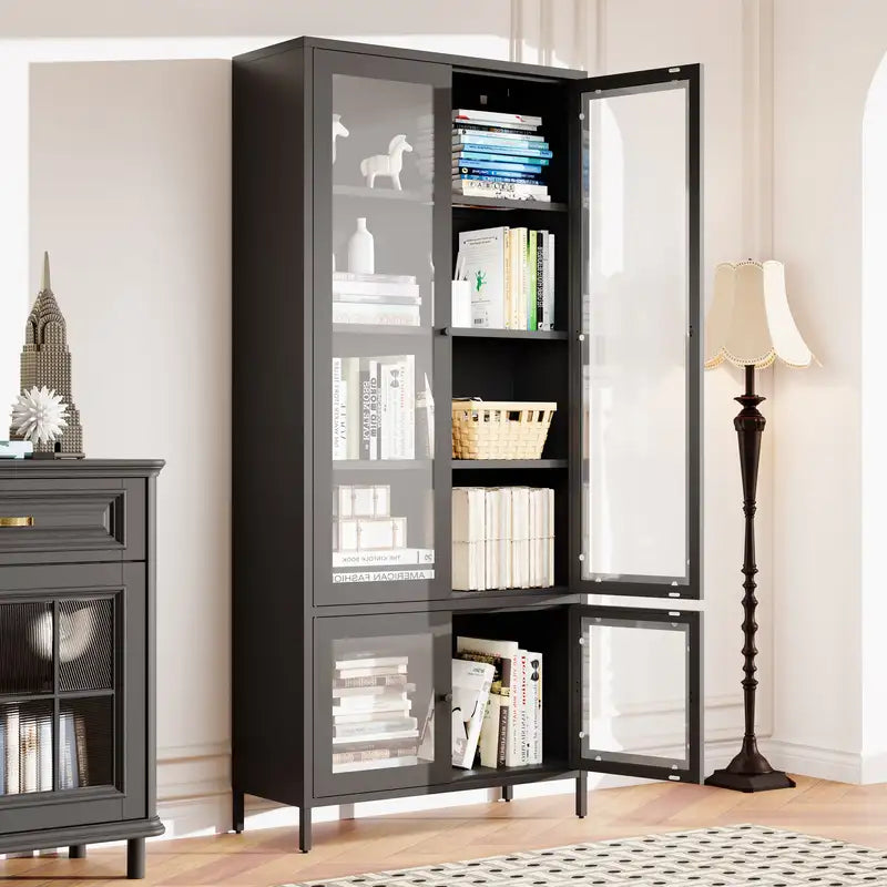 Black Metal Storage Cabinet with 4 Glass Doors & 5 Shelves