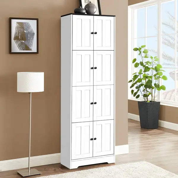 White 8-Door Tall Storage Cabinet with Shelves - Living Room, Kitchen, Bathroom, Bedroom, Office