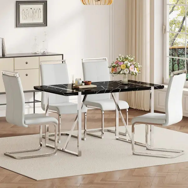 Rustic Industrial Dining Table & 4 Chair Set - Black MDF with Silver Legs & PU Cushions