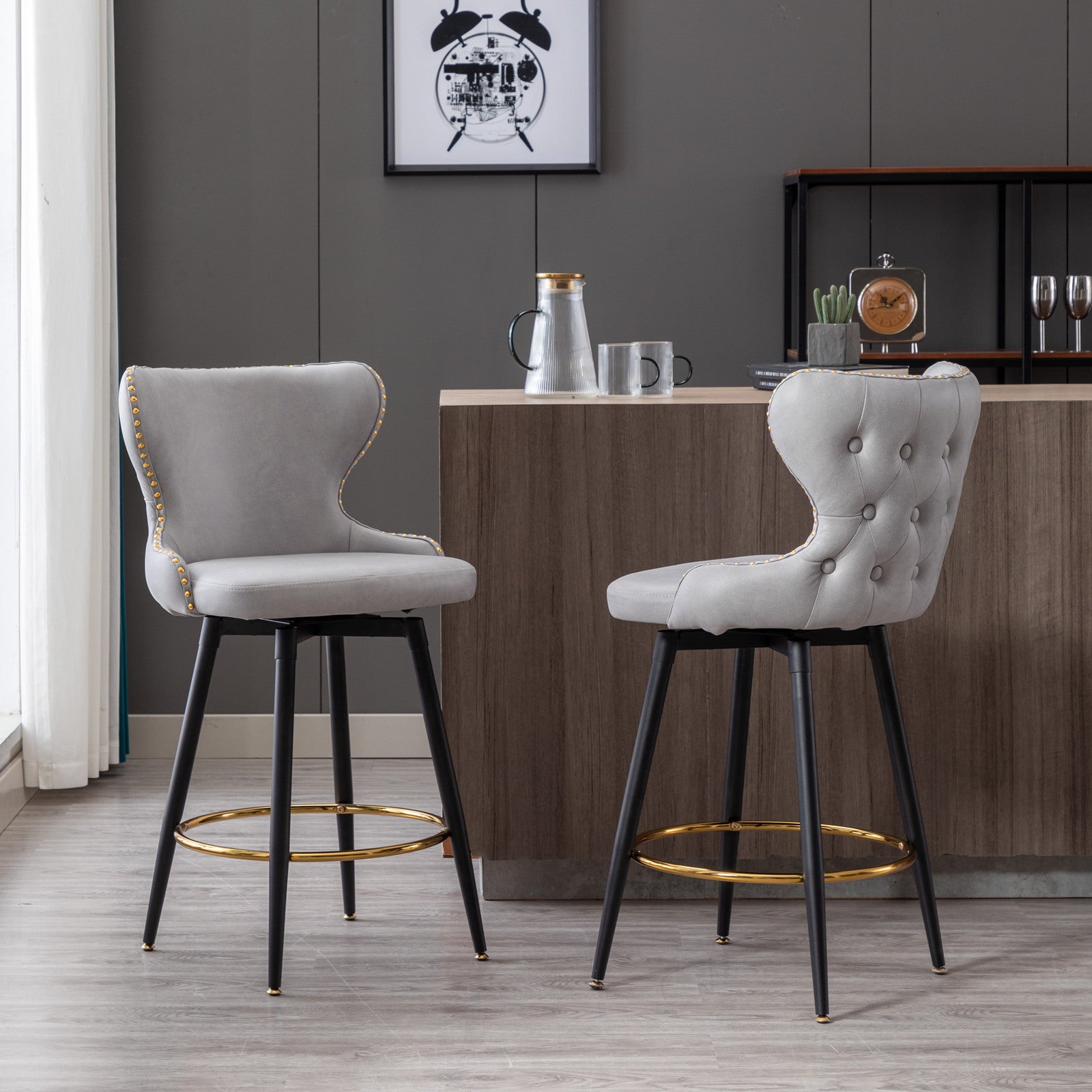 2-Pack Light Gray Modern Bar Stools, 25" Counter Height, Swivel, Tufted Gold Nailhead Trim, Metal Legs