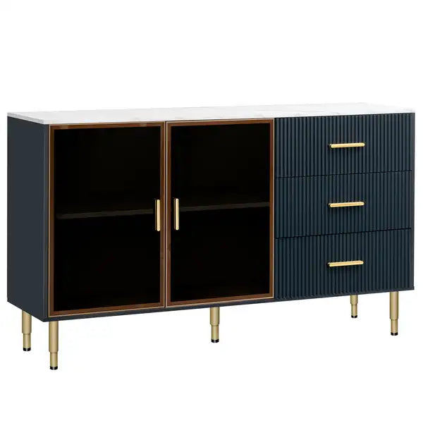 Modern Sideboard Buffet Cabinet with Marble Top & Amber Glass Doors (Navy Blue) - Gold Legs & Handles - Minihomy