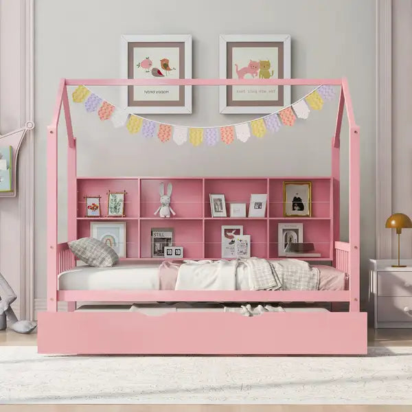 Twin Size Wooden House Bed with Trundle & Shelf - Pink for Kids