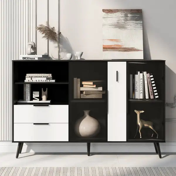 Stylish 2-Door Storage Cabinet with Drawers & Metal Handles - Entryway, Living Room