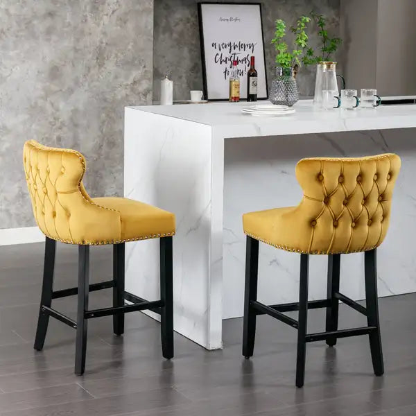 Velvet Wingback Barstools with Nailhead Trim (Set of 2) - Gold - Minihomy