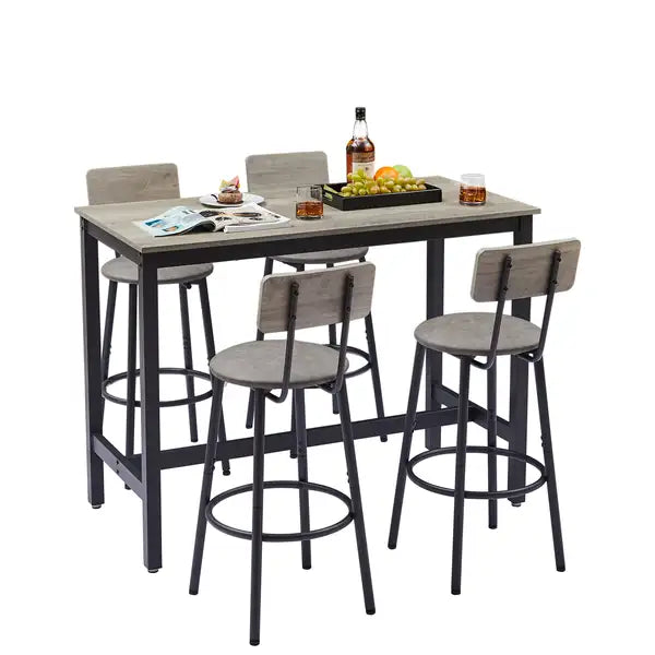 Grey Bar Table Set with 4 Stools, PU Soft Seats & Backrests, 47.24" L x 23.62" W x 35.43" H - Minihomy