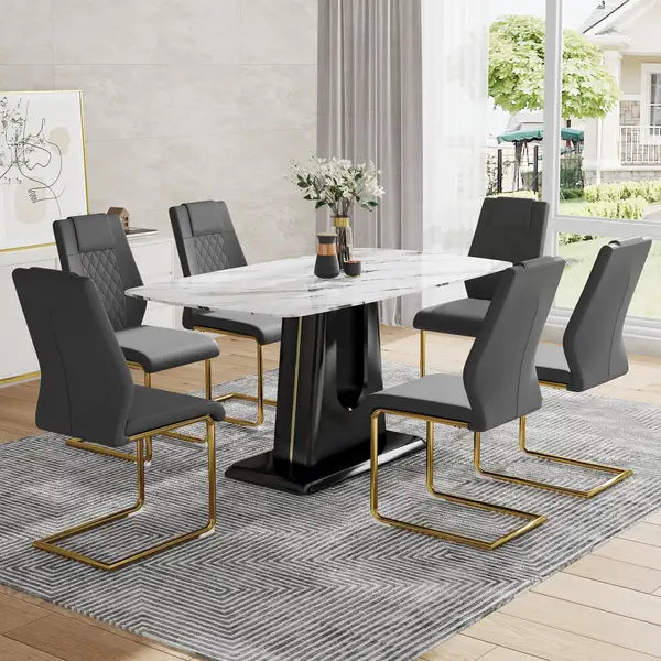 Modern Dining Table & Chair Set - Imitation Marble Top, MDF Legs, U-Shaped Brackets - Minihomy