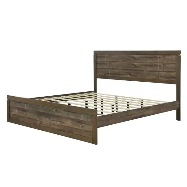 King Size Platform Bed | Vintage Farmhouse Style | Rustic Brown | No Box Spring Needed