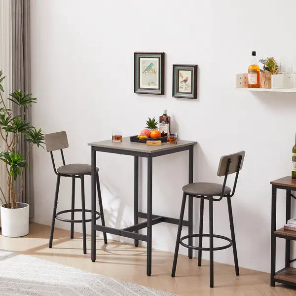 Grey Bar Table Set with 2 Stools, PU Soft Seat & Backrest, 23.62" W x 35.43" H - Minihomy