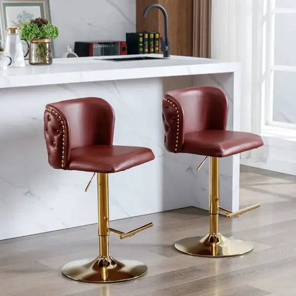 A&A Furniture Swivel Barstools | Adjustable Height, PU Leather, Tufted Back, Wine Red, Set of 2 - Minihomy