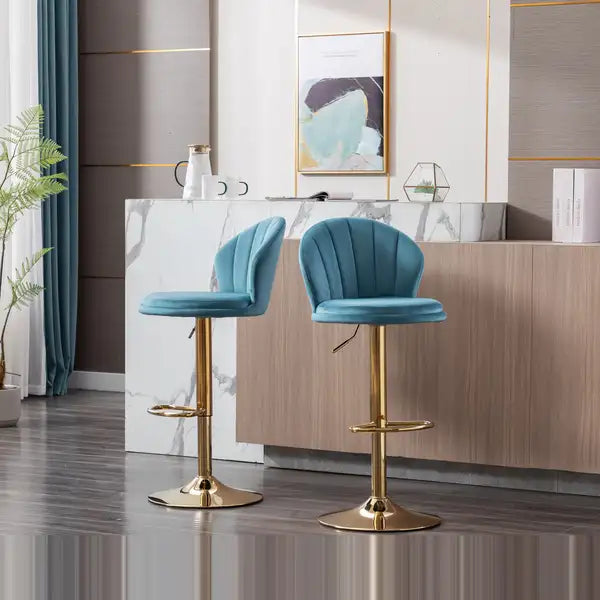 Adjustable Swivel Bar Stools (Set of 2) - Chrome Footrest, Velvet Upholstery, Golden Legs, Baby Blue - Minihomy