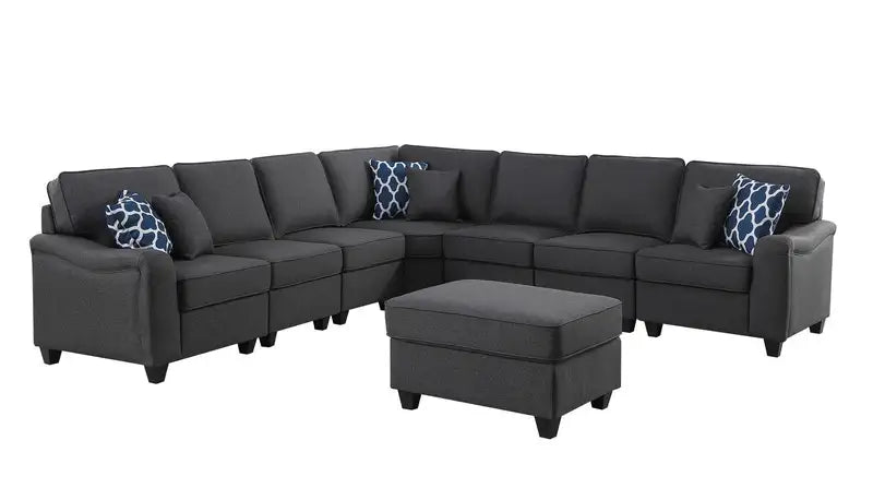 Leo 125" Dark Gray Linen Modular L-Shape Sectional Sofa & Ottoman (8pc)