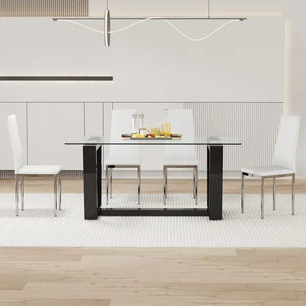 Black Dining Table and Chair Set - Tempered Glass Top, Checkered PU Chairs - Minihomy