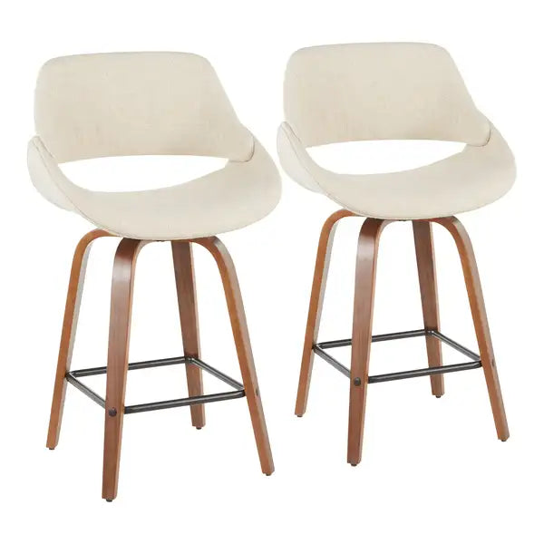 LumiSource Fabrico Mid-Century Walnut & Cream Counter Stools (Set of 2)