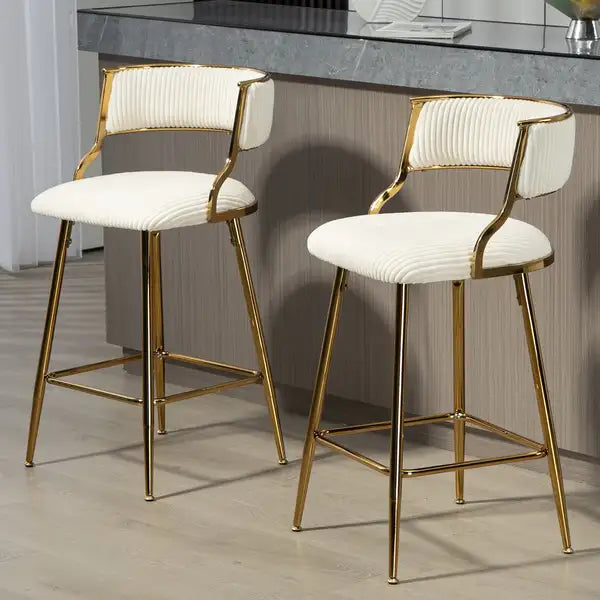 Beige Corduroy Counter Height Bar Stools (Set of 2) - Gold Base, Back & Footrest - Minihomy