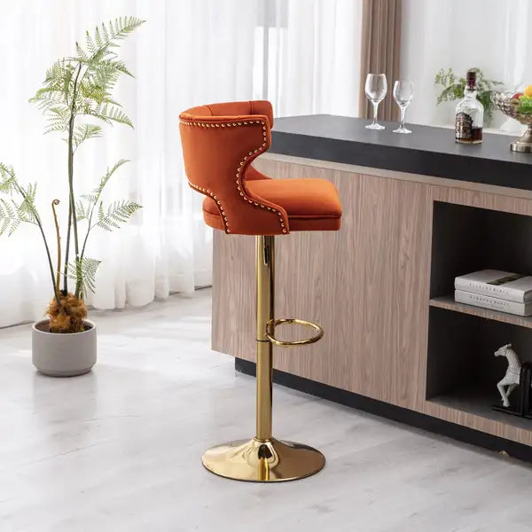 Orange Velvet Bar Stools with Back & Footrest - Set of 2 - Counter Height Dining Chairs - Minihomy