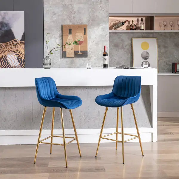 Set of 2 Velvet Bar Stools with Golden Legs, 26 Inch, Blue