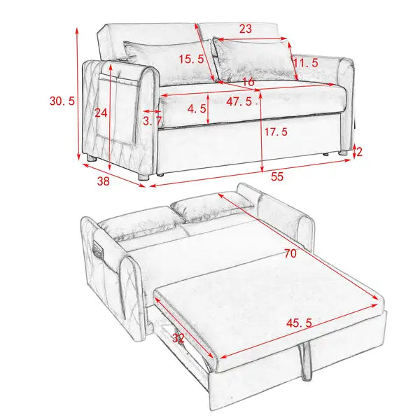 55" Velvet Convertible Sofa Bed with Storage, Pull-Out Bed & Adjustable Backrest