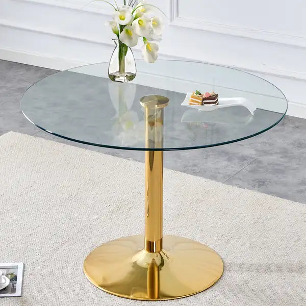 Modern Round Dining Table with Gold Legs, 39.7" Glass Top - DT-1166