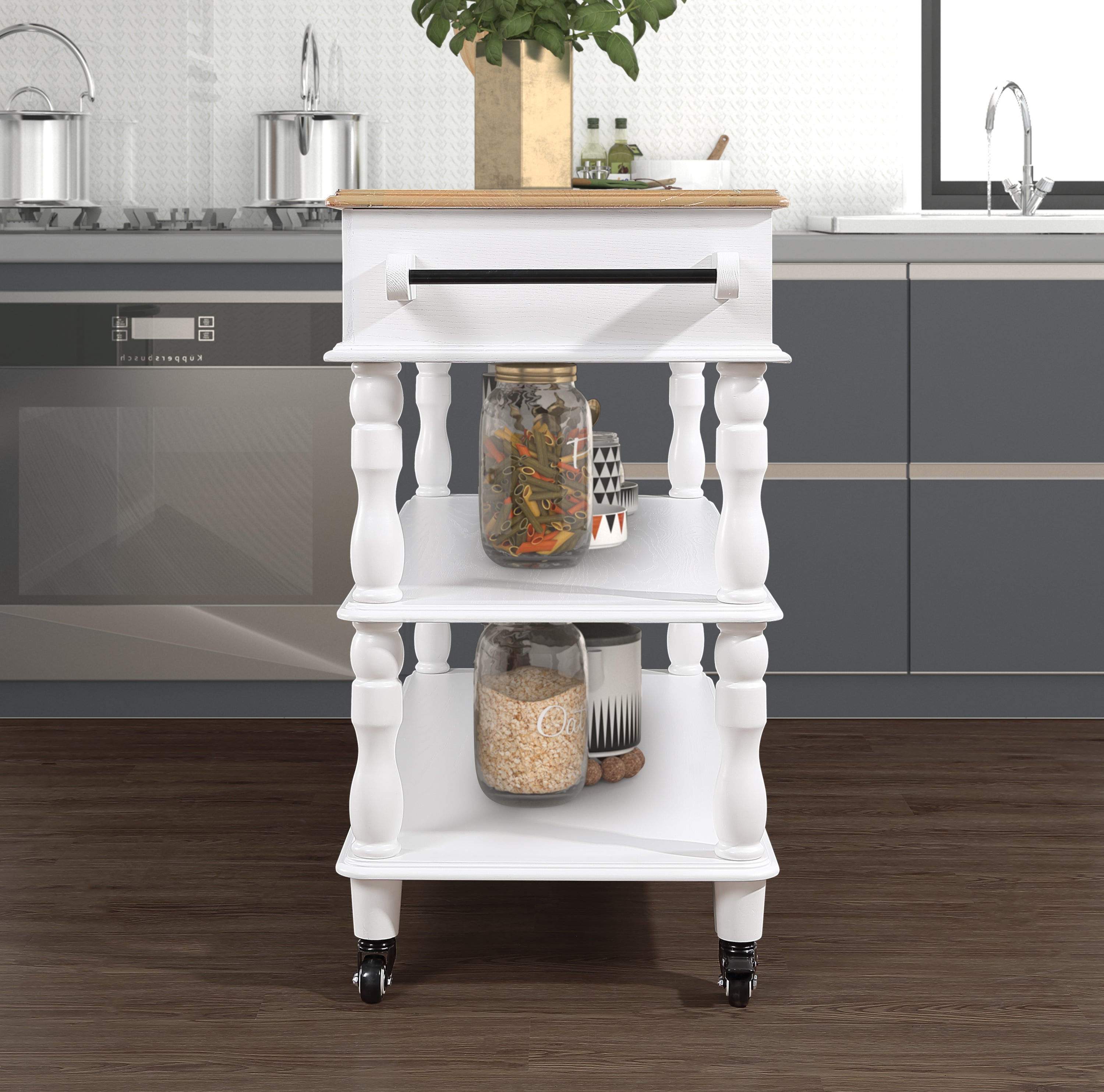 56 Inch Rolling Kitchen Island with Storage | Solid Oak Top | Wine & Spice Rack | 2 Drawers | White & Natural