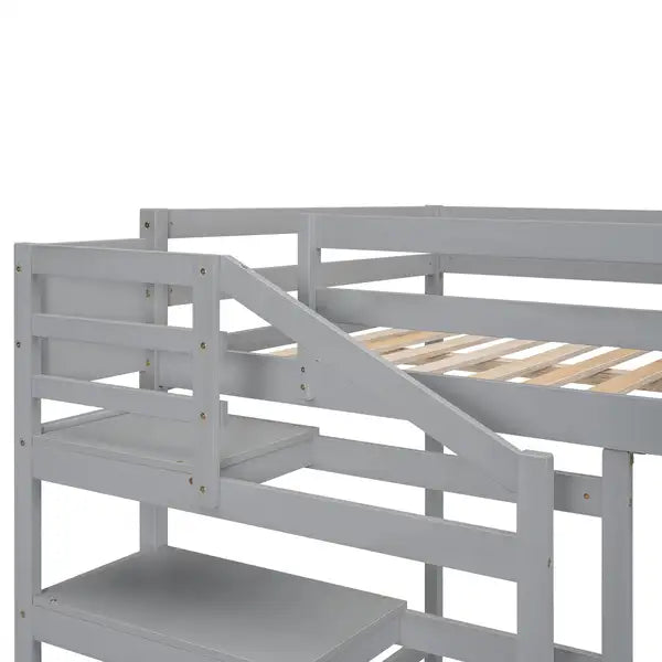 Full Size Loft Bed with Storage Staircase & Clothes Hanger - Gray - Minihomy