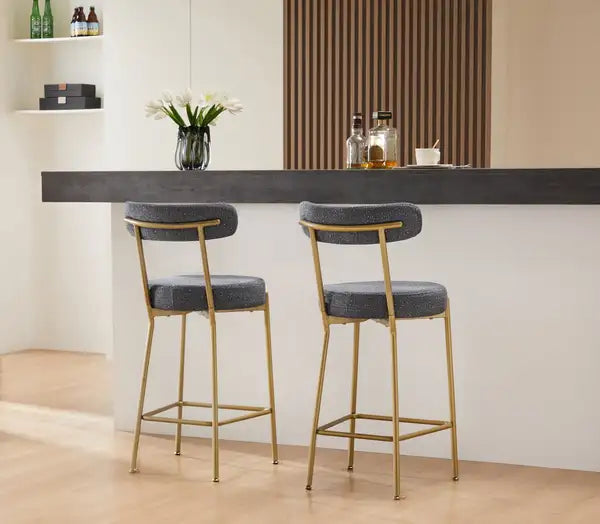 Gold Bar Stools Set of 2, 25" Counter Height Upholstered Sherpa Stools with Backs - Minihomy