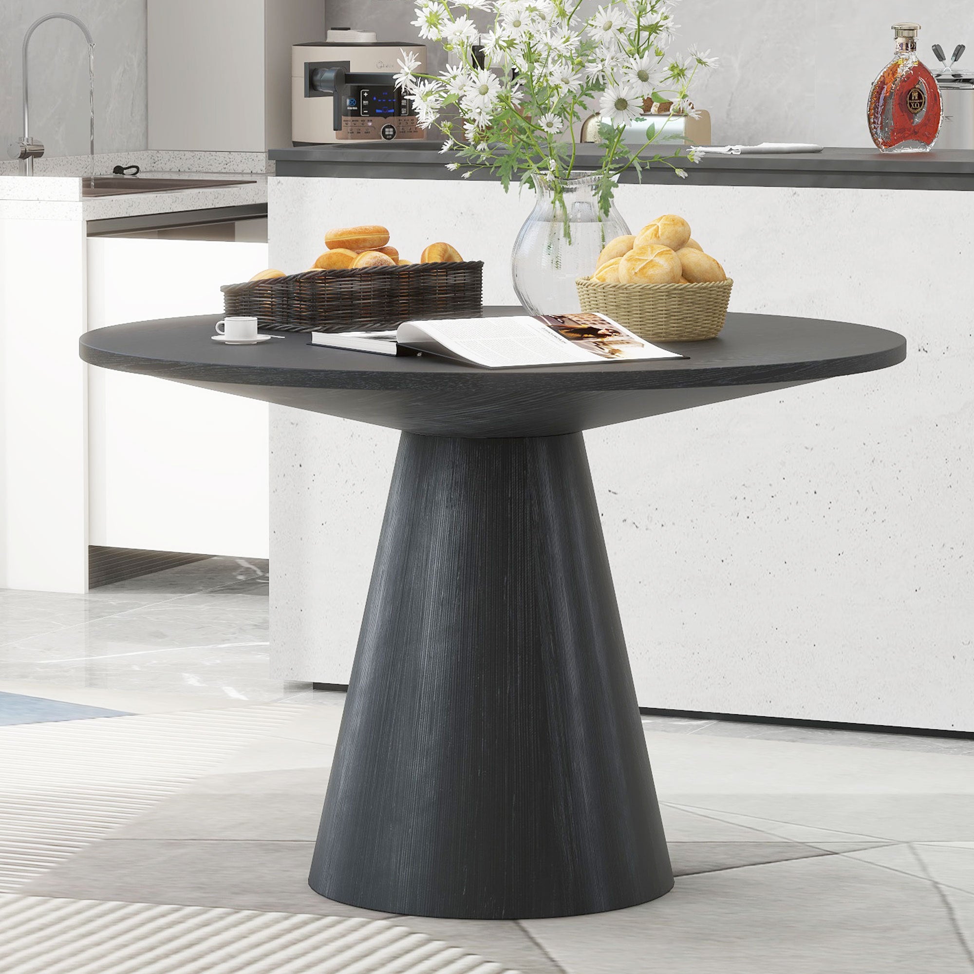 Retro Round Dining Table - Minimalist Black Table for Living Room & Dining Room