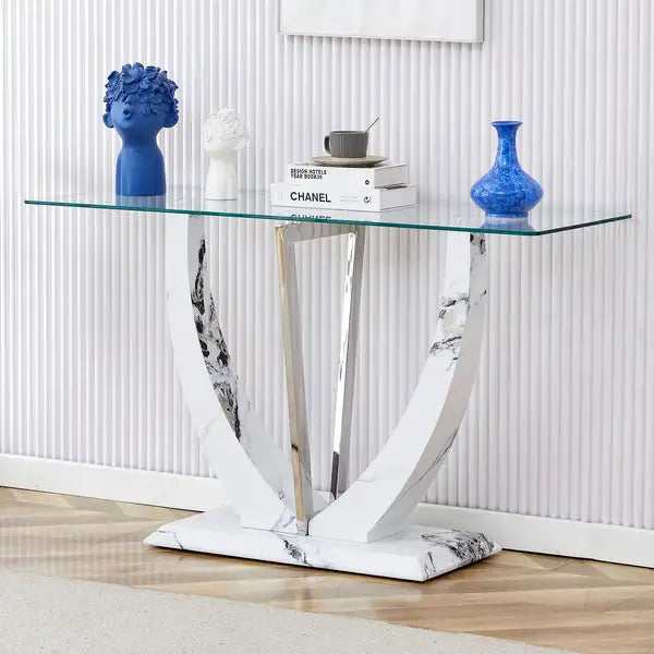 Modern Glass Table | Minimalist Rectangular Entryway & Living Room Table with White Legs