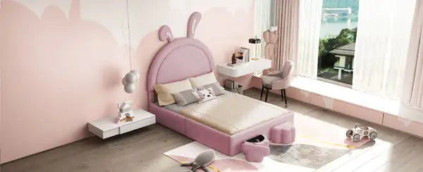 Full Size Upholstered Rabbit Bed with Storage Stools, Pink Velvet Platform Bed with Ears Headboard - Minihomy