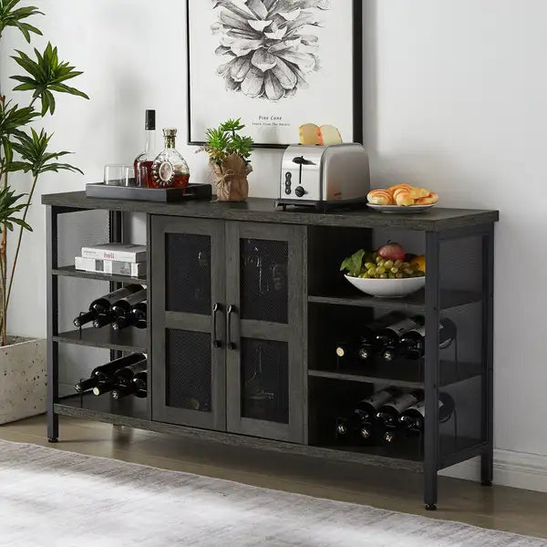 Industrial Wine Cabinet: Liquor Credenza with Wine & Stemware Storage (Dark Grey)