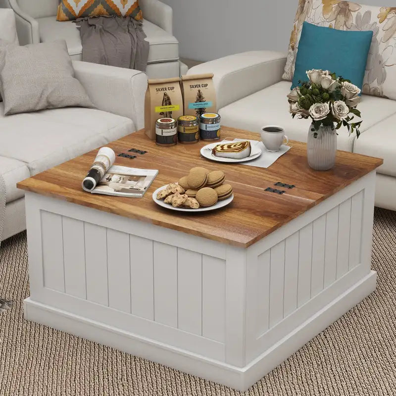 White Farmhouse Coffee Table with Lift Top & Storage - 31.5" Square