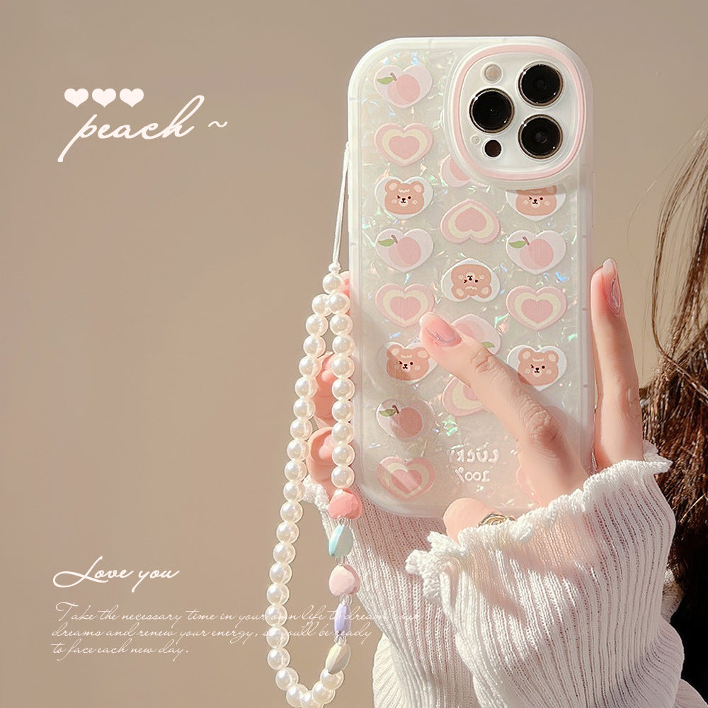 Peach Love Bear Pearl Chain Phone Case