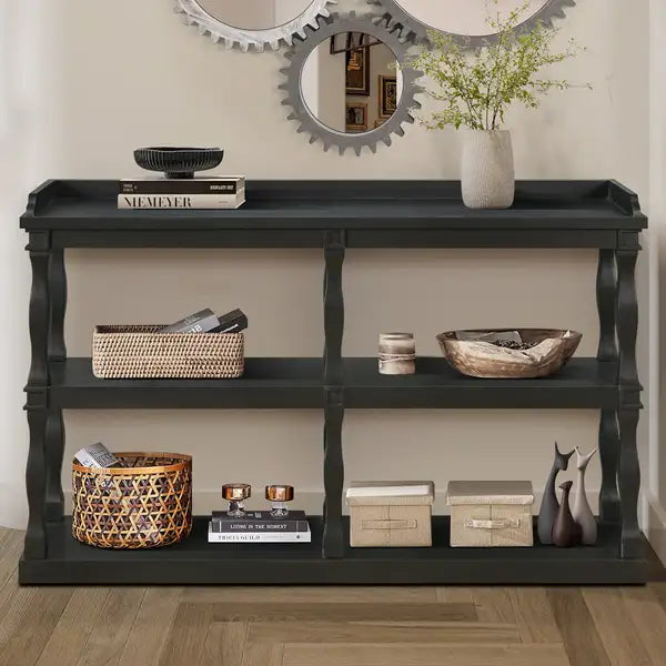 Black Console Table with 3-Tier Storage & Roman Columns - Entryway, Living Room