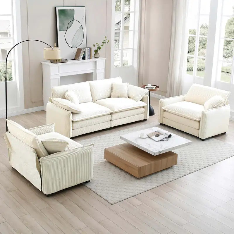 Beige Corduroy Sofa Set: 2 Singles & 2-Seater, Luxurious Living Room Furniture