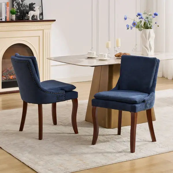 Modern Dining Chairs Set of 2 - Chenille Upholstered, Blue, Mid Back, Curved Wood Legs