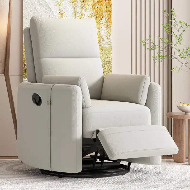 Beige Upholstered Swivel Rocker Recliner Chair with Pillows