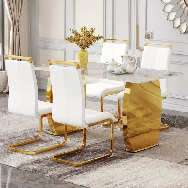 Modern Dining Table & Chair Set - Gold Metal Legs, Rock Plate Top, Stable & Stylish - Minihomy