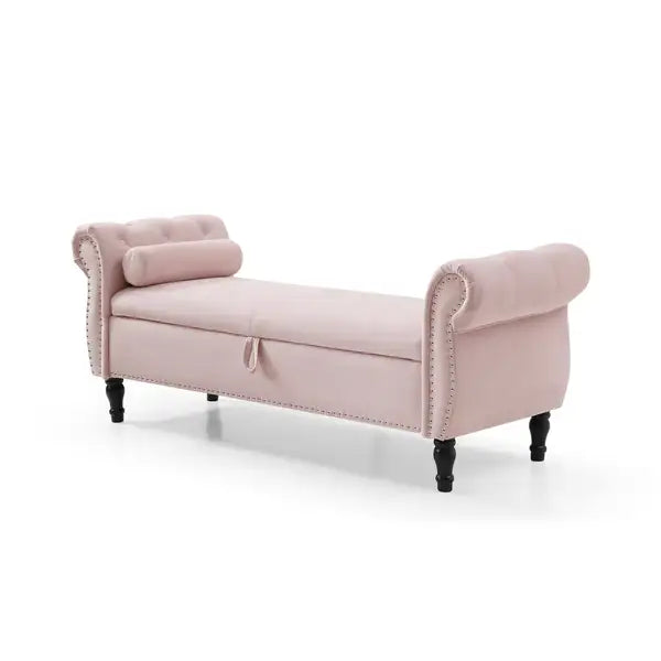 Aijia 63" Velvet Storage Ottoman - Tufted, Nailhead Trim, Pink