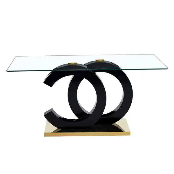 Modern Minimalist Glass Dining Table for 6-8 | Black Metal Base & Tempered Glass Top - Minihomy