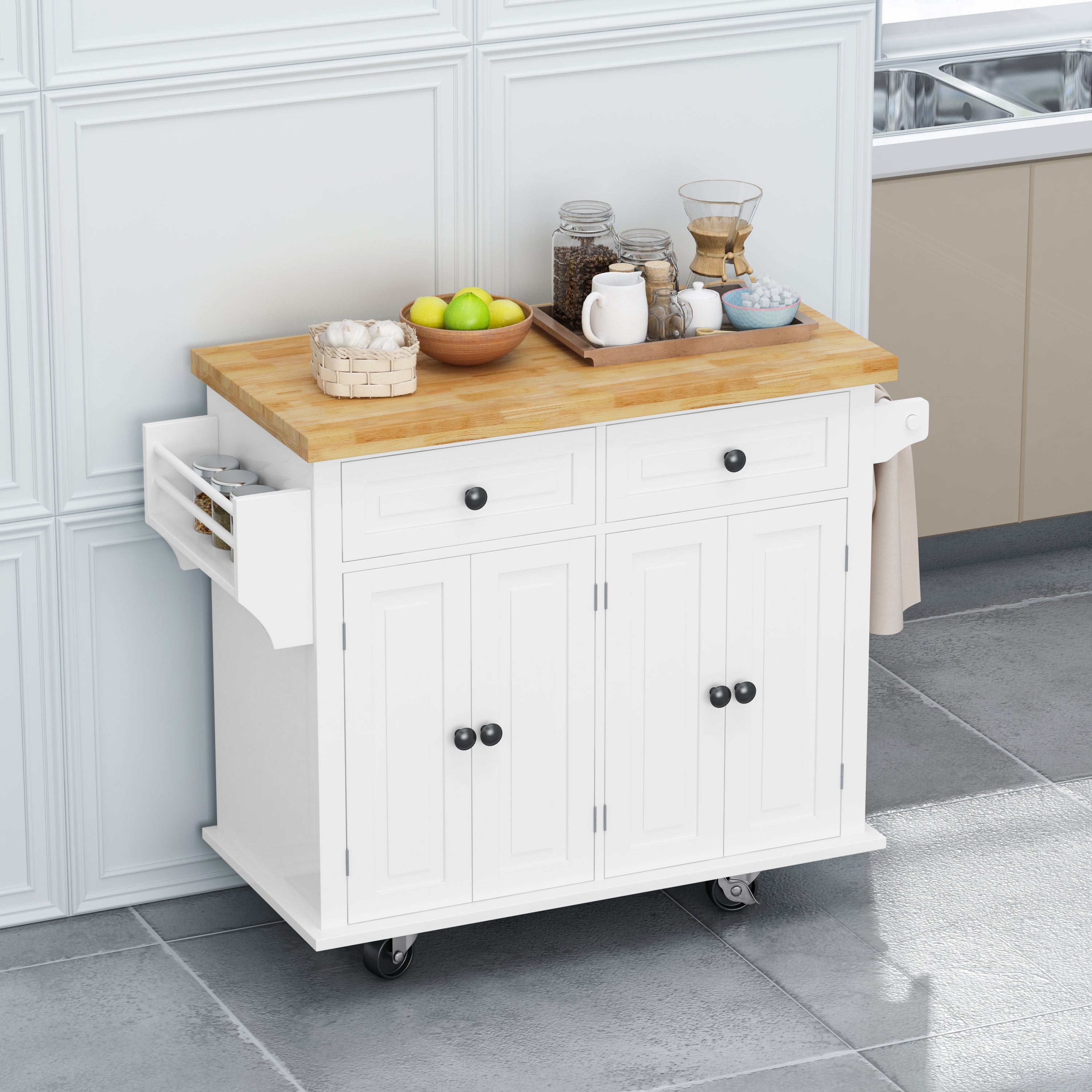 Kitchen Island Cart with Storage Cabinets, 43.31" Wide, Locking Wheels, Spice & Towel Rack (White)