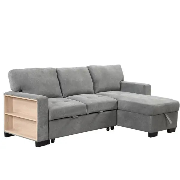 Gray Chaise Lounge Sectional with Pull-Out Bed & Storage