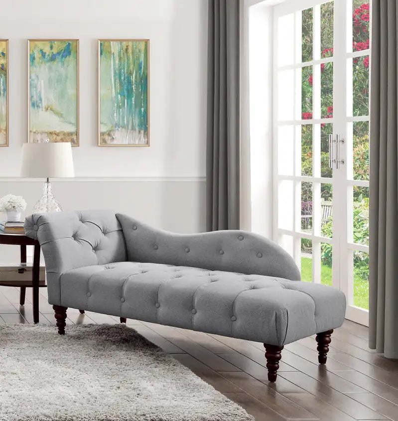 Dove Gray Chaise Lounge: Modern Tufted Upholstery & Espresso Legs