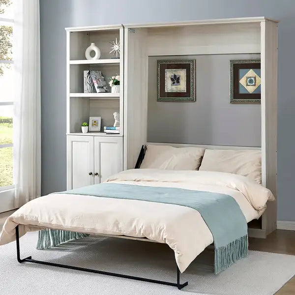 Full Size Murphy Bed with Storage | Space-Saving Bed for Guest Room, Home Office, Rustic White - Minihomy