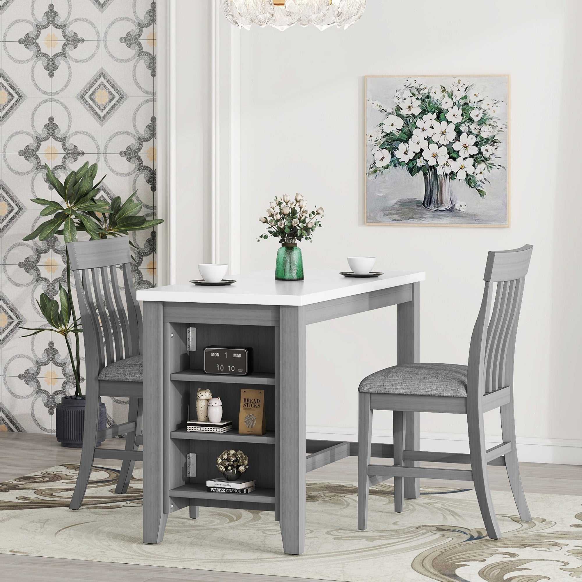 Counter Height Dining Set with Storage - Grey Faux Marble Table & 2 Chairs