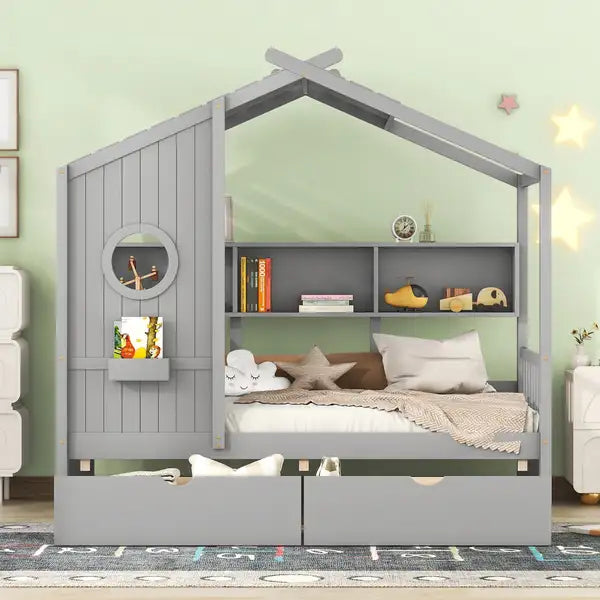 Twin Size Wooden House Bed with Storage - Gray Kids Bed with Drawers