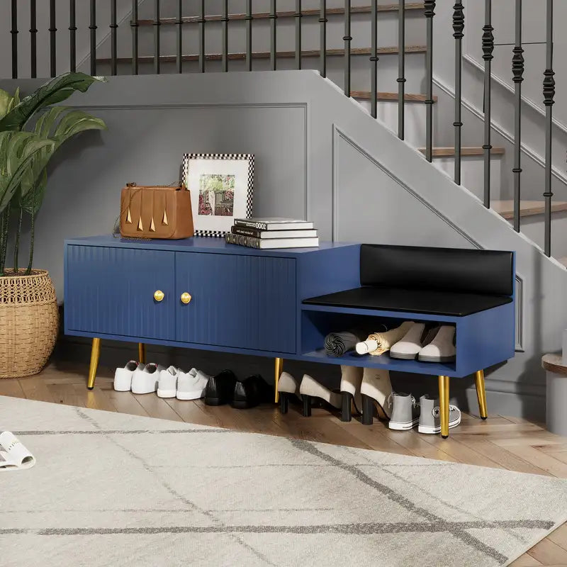 Navy Upholstered Shoe Storage Bench with Hidden Compartment