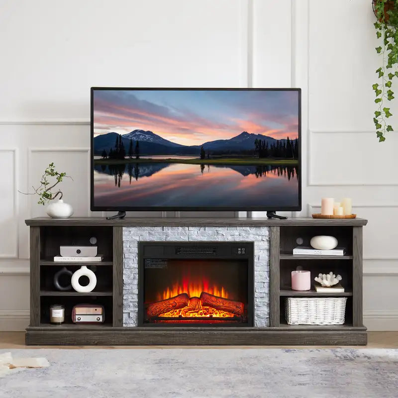 70" Modern TV Stand with Fireplace & Storage - Grey Media Console