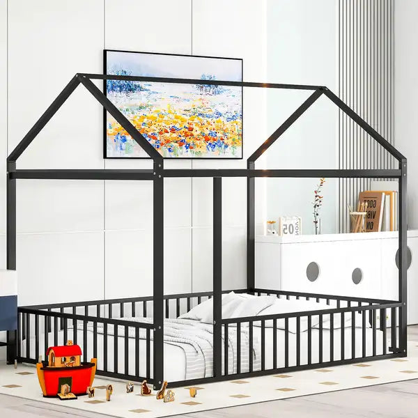 Full Size Metal Bed Frame with Fence for Kids & Teens - Black