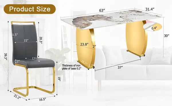 Gold Metal Dining Table & Chair Set - Rock Plate Top, Modern Simple Design, Comfortable Seating - Minihomy